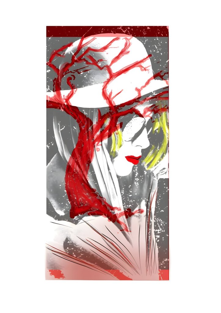 Tableau : portrait d’une femme de profil, chapeau blanc à larges bords, lèvres rouges et mèches jaunes, sur fond gris traversé de branches rouges comme des veines.